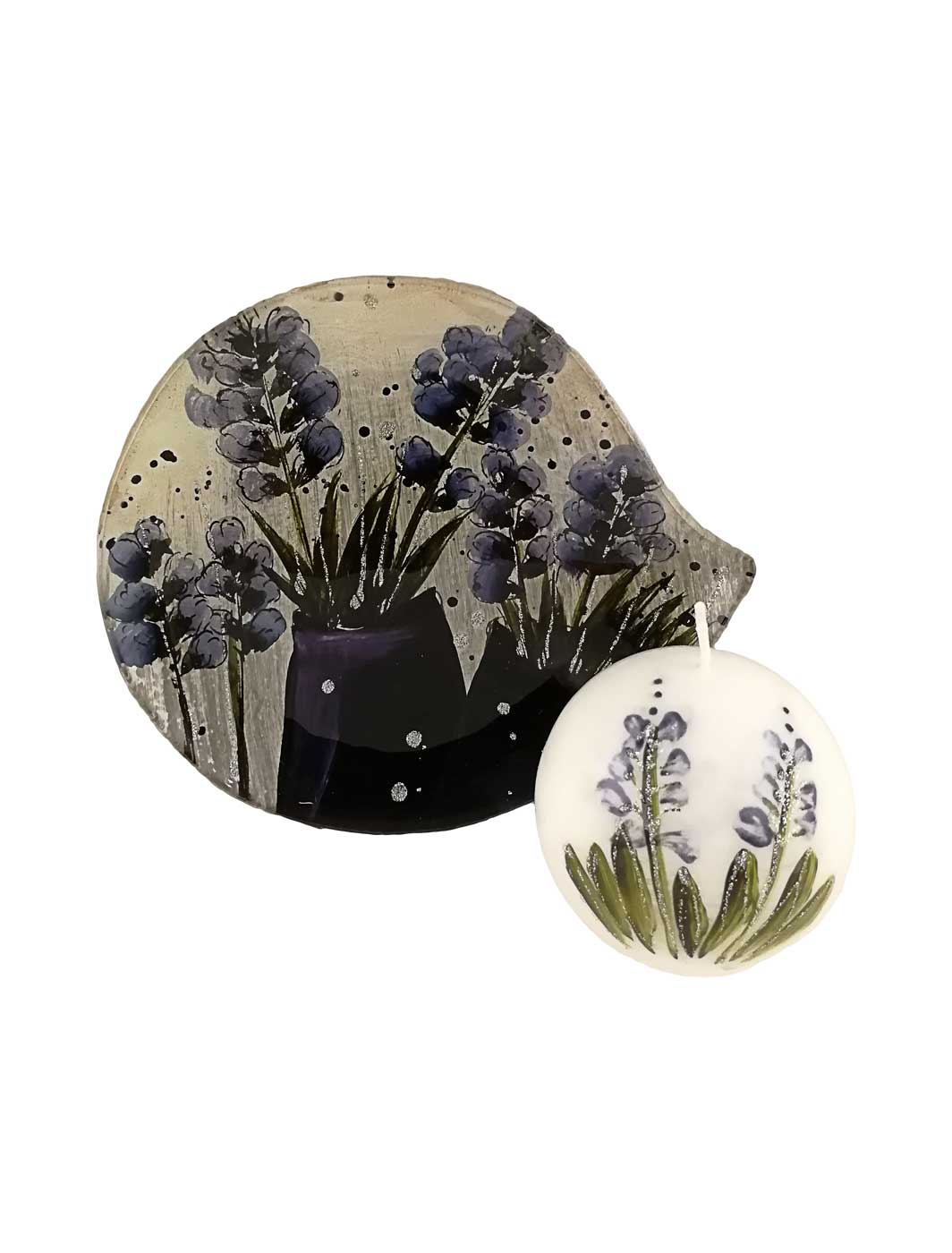 Glasplatte Lavendel rund mit Wachskerze