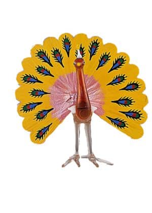 Glasfigur Pfau mit Glasfaserrad gelb