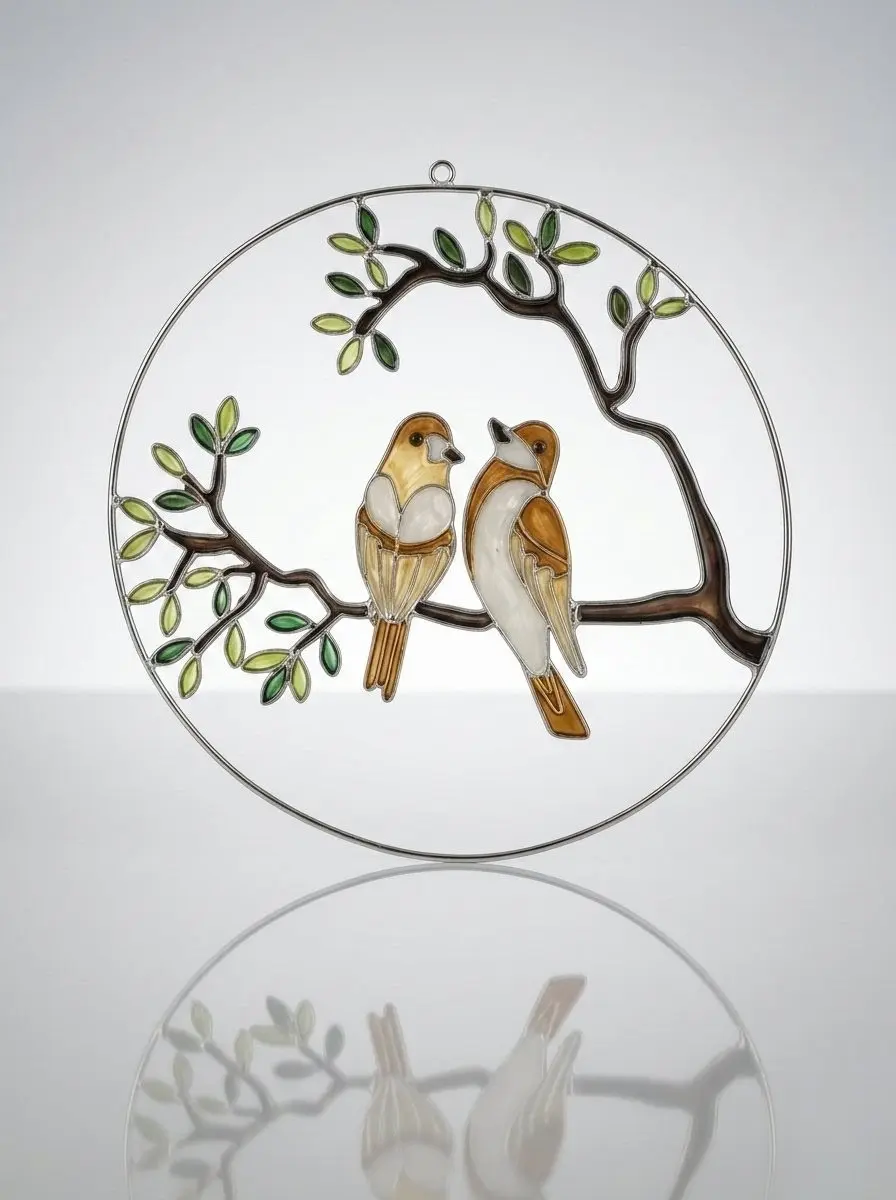 Fensterbild Vogelpaar braun