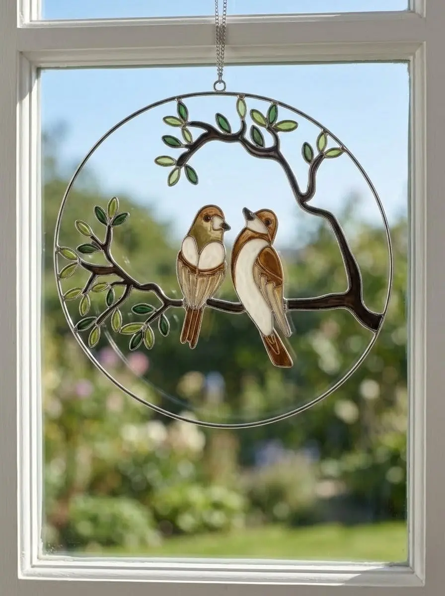 Fensterbild Vogelpaar braun
