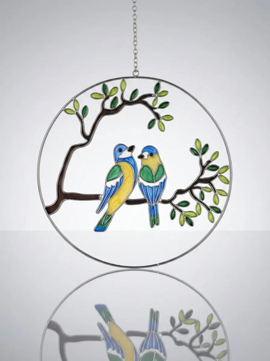 Fensterbild Vogelpaar blau