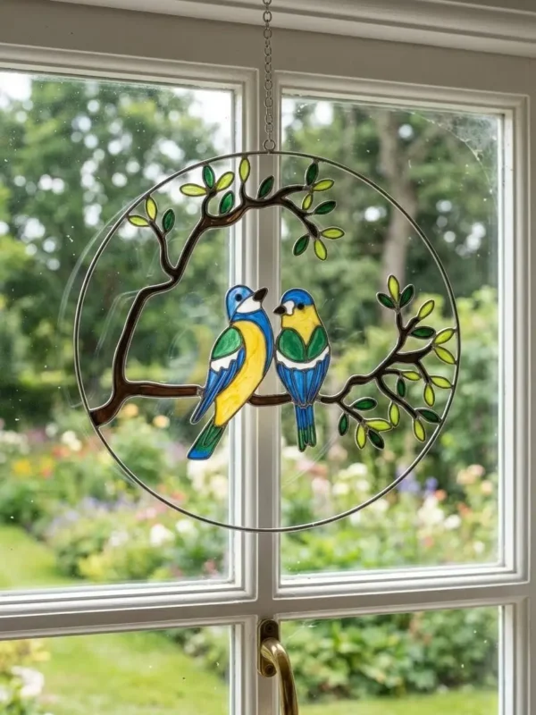Fensterbild Vogelpaar blau