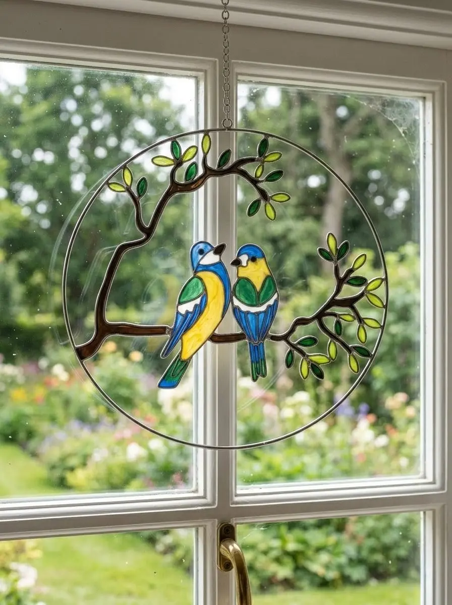 Fensterbild Vogelpaar blau
